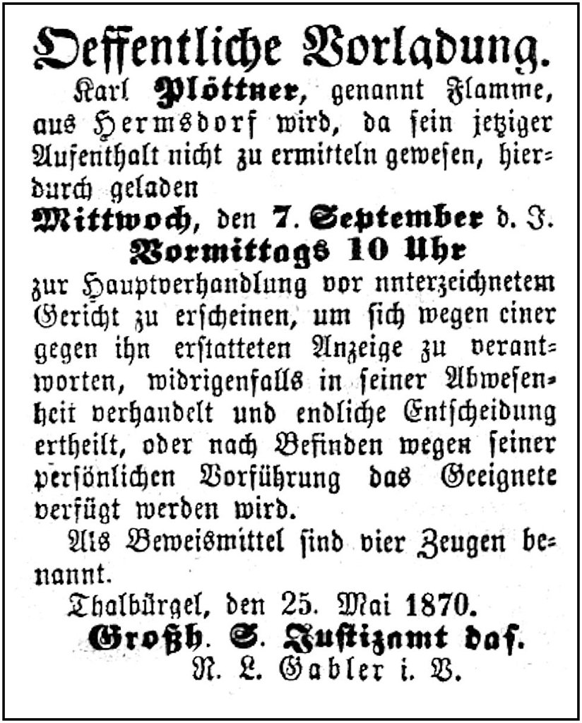 1870-05-25 Hdf Vorladung Ploetner Flamme